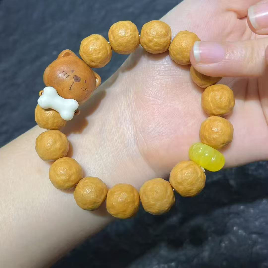 精品天然猴头沙糖桔手串 搭配老桃木熊头手链文玩