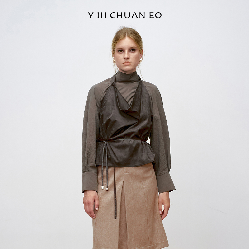 Y III CHUAN EO一川原创秋冬新款复古仿皮革麂皮荡领挂脖吊带上衣