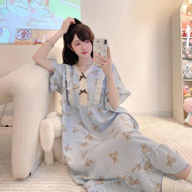 3034#加肥加大300斤可穿甜美减龄泡泡皱睡裙大码宽松女士家居服