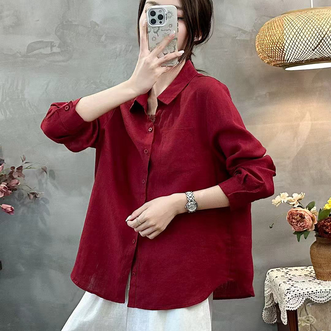 麻艺-100%纯色亚麻翻领衬衫长袖女宽松显瘦百搭文艺复古上衣时尚