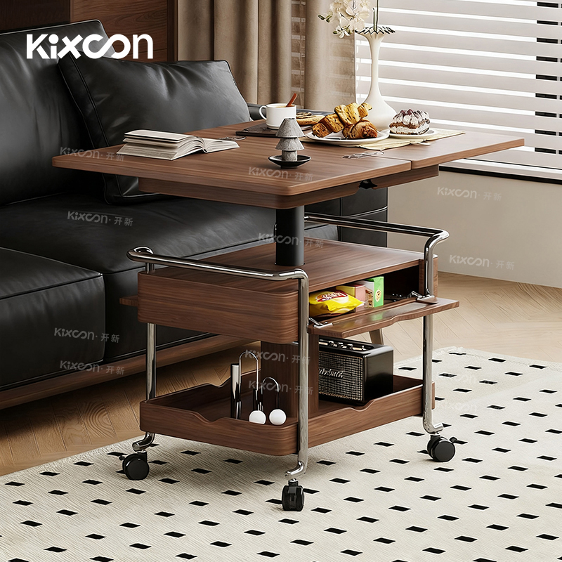 开新Kixoon逸行中古风家用小推车升降茶几可移动折叠实木边几茶几