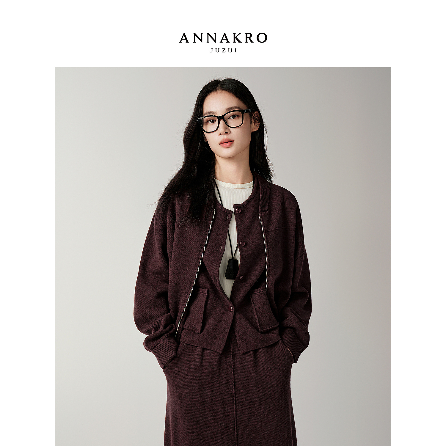 【丽公主专属】玖姿·安娜蔻KWFD30609羊毛针织开衫女冬新款棒球领