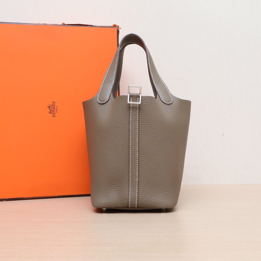 99新 Hermes/爱马仕 【小花Han】18 菜篮子 大象灰 TC皮 W刻 银扣