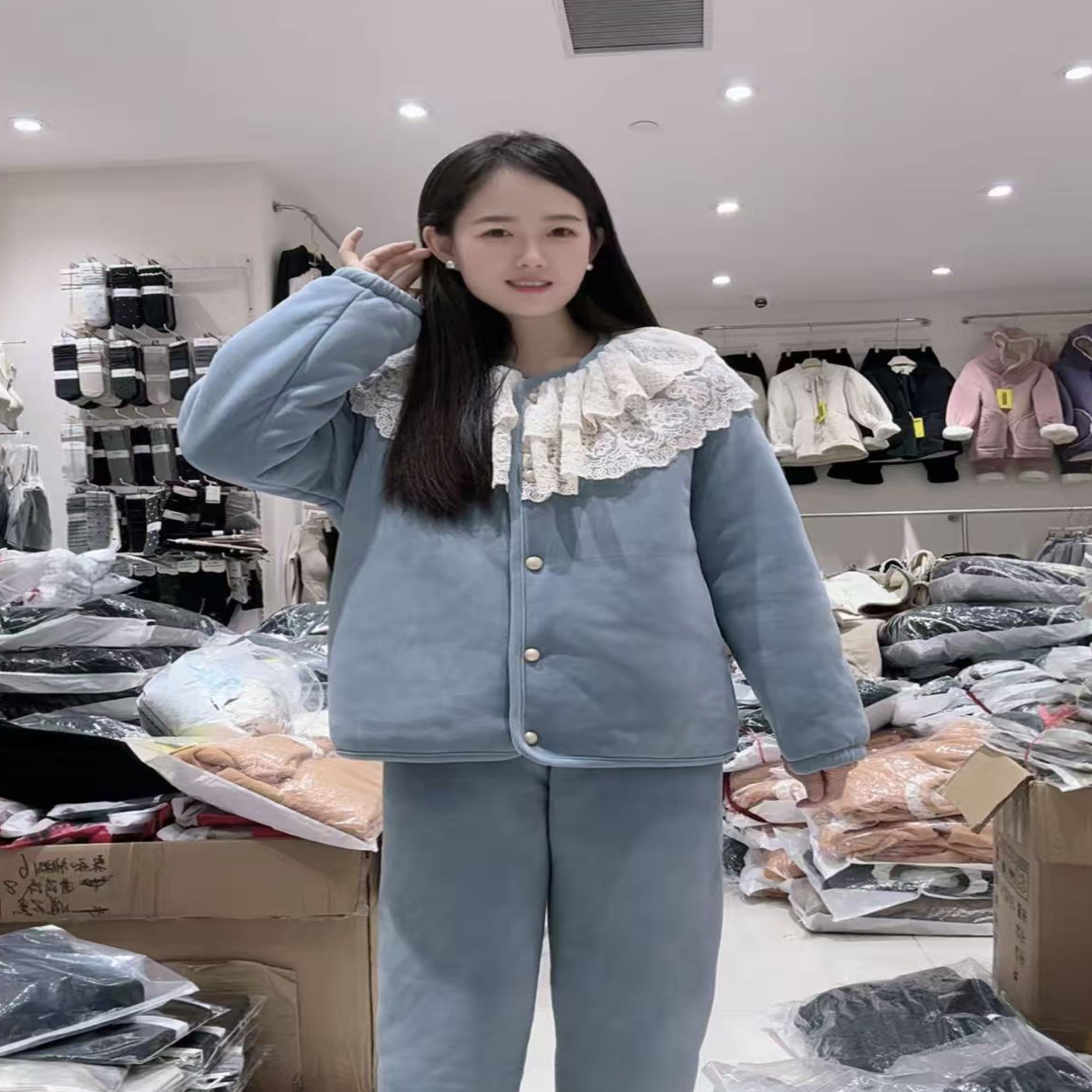 冬季新款大蕾丝花边三层加厚保暖可外穿家居服套装睡衣女
