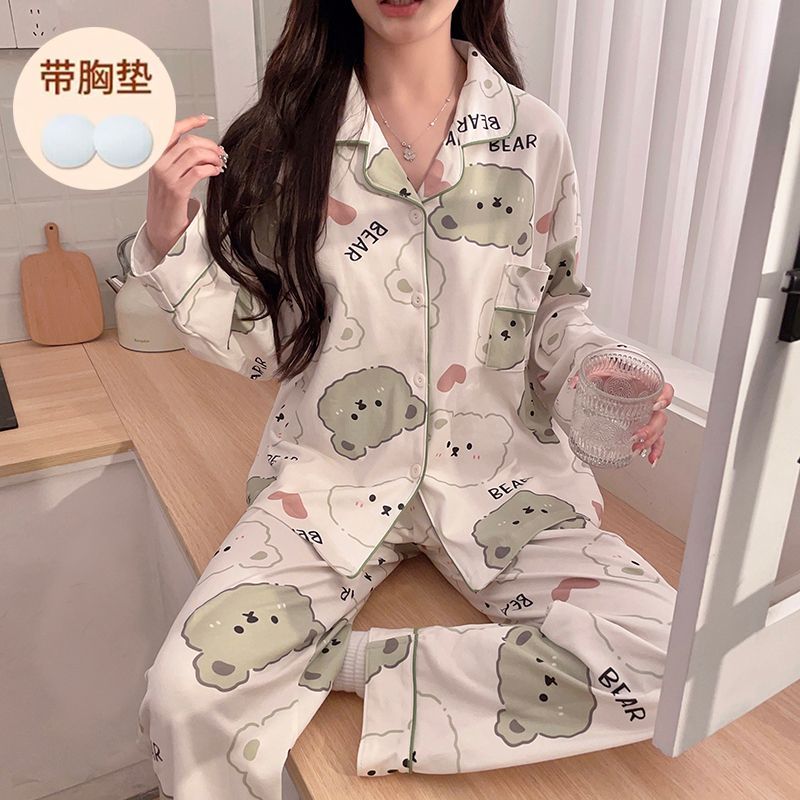 【带胸垫睡衣女】春秋长袖长裤卡通少女宽松小翻领开衫居家外穿套