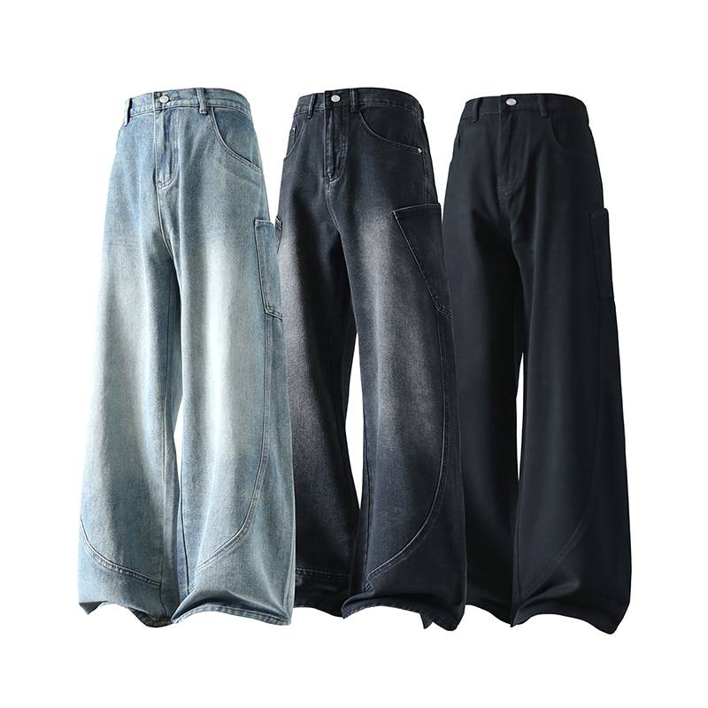 半松紧宽松直筒牛仔裤秋季新款美式高街复古潮牌痞帅休闲工装长裤
