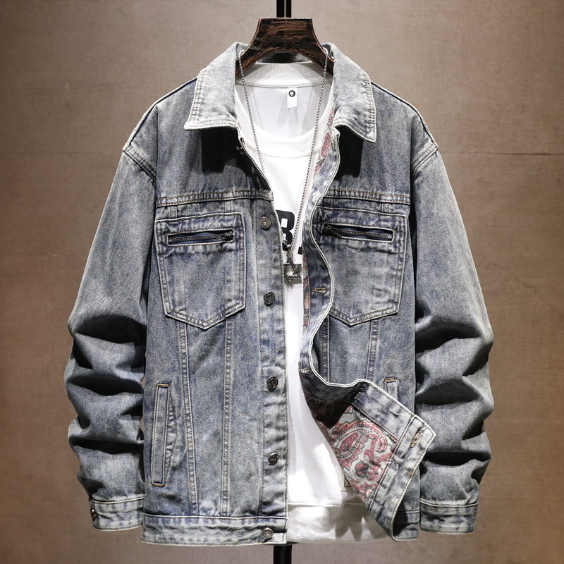 秋季厚款牛仔外套男士潮流新款高端复古印花休闲百搭宽松牛仔夹克