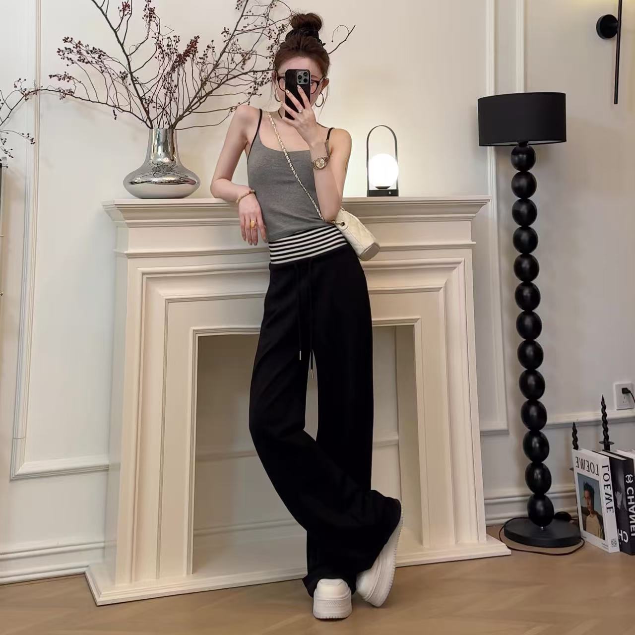 HNIH石艺2025春季新款拼接条纹松紧腰修身显瘦HS8073直筒休闲裤