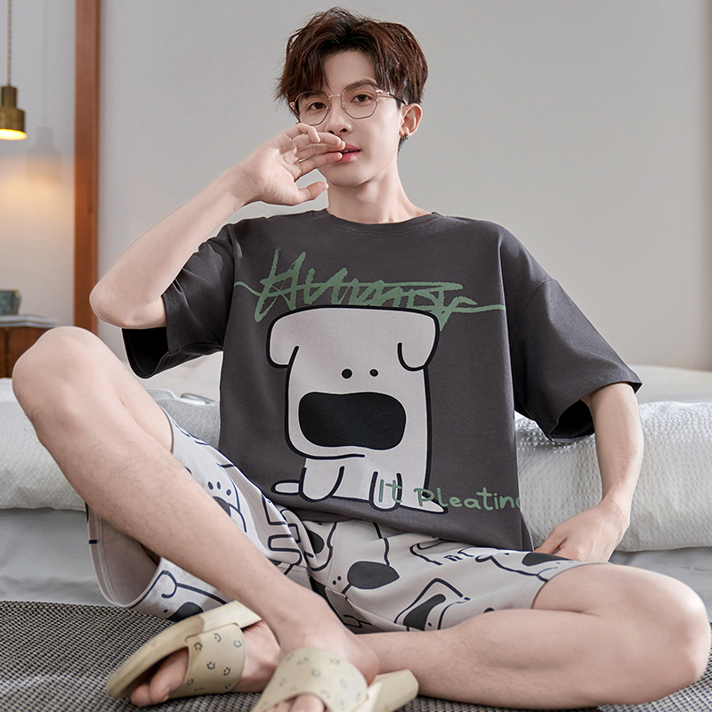 YUZHAOLIN/俞兆林呆萌小狗纯棉睡衣男夏季大码简约男士青少年圆领