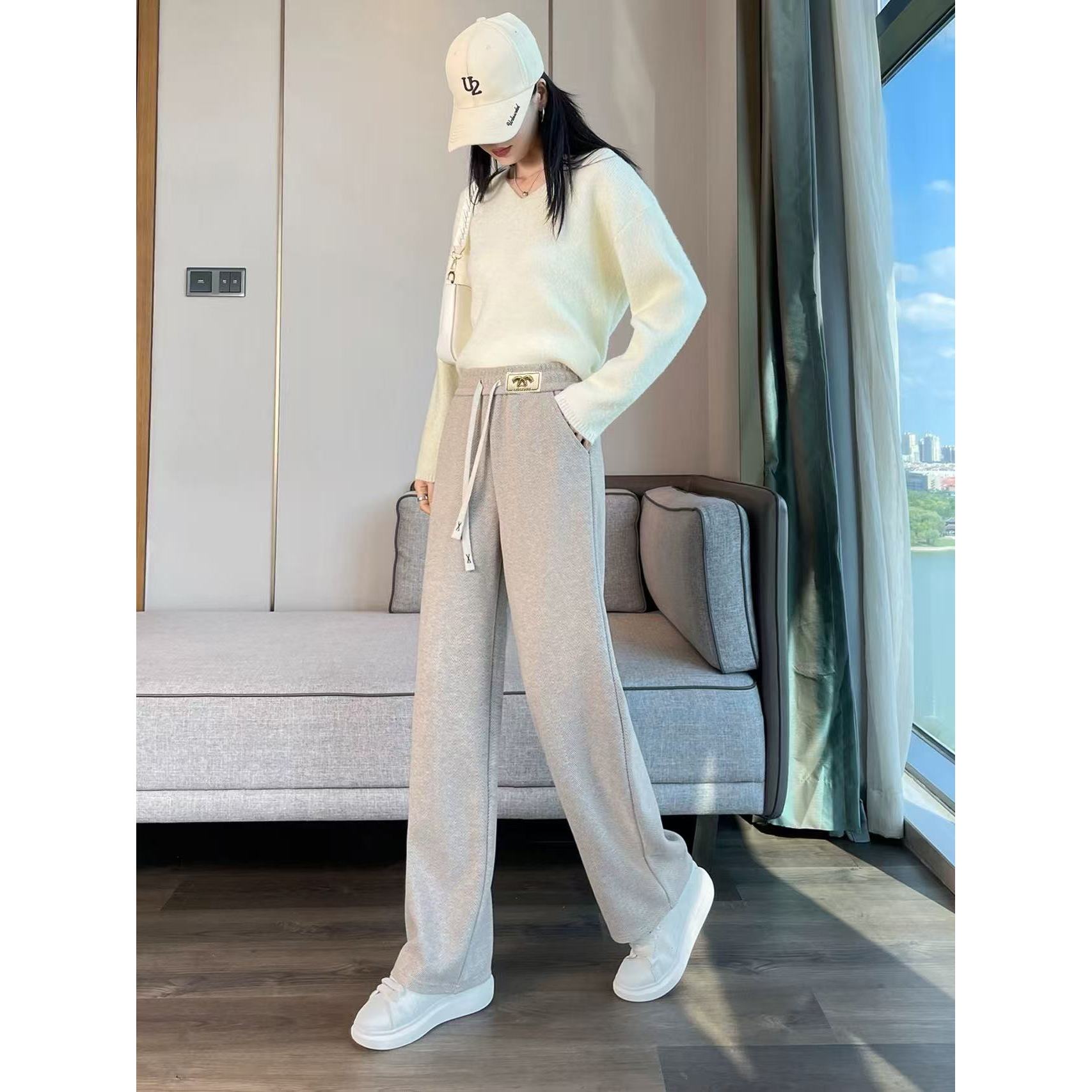 24566雪尼尔小脚直筒裤女秋冬款加绒加厚带口袋系带休闲条绒裤