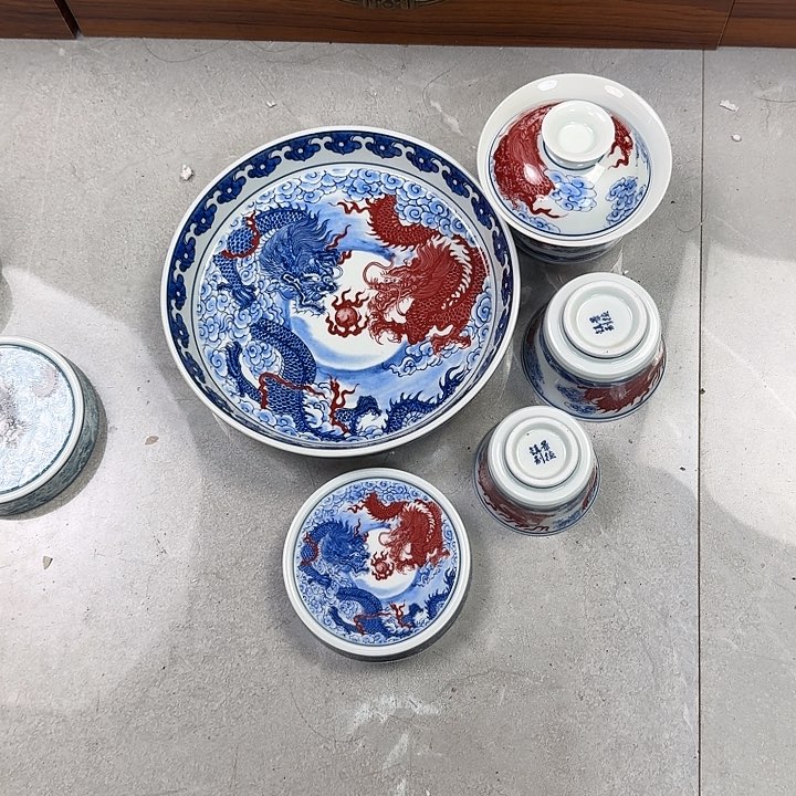 瓷片双龙戏珠五件套