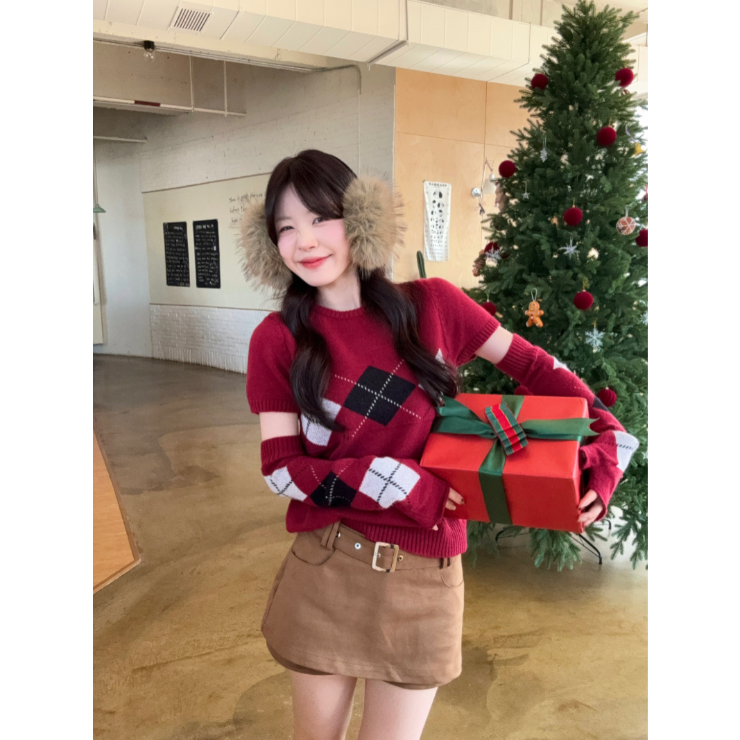 韩系复古菱格设计感圆领袖套毛衣冬季宽松显瘦百搭上衣