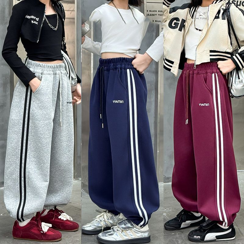 儿童宽松奥利绒拉条休闲长裤女童秋冬款时尚休闲裤运动裤卫裤洋气