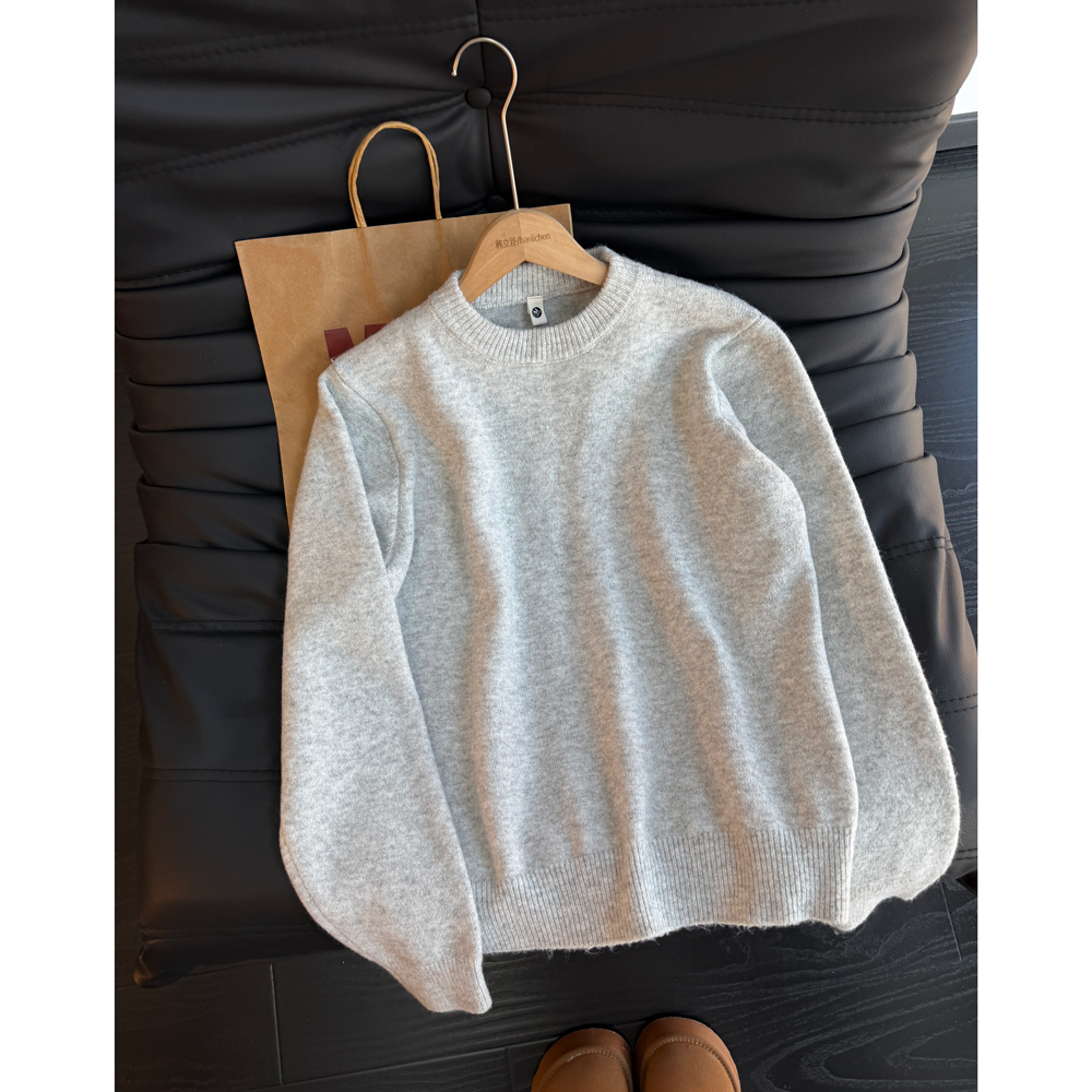 cleanfi白灰色圆领毛衣男秋冬季加绒慵懒风基础款卫衣打底针织衫