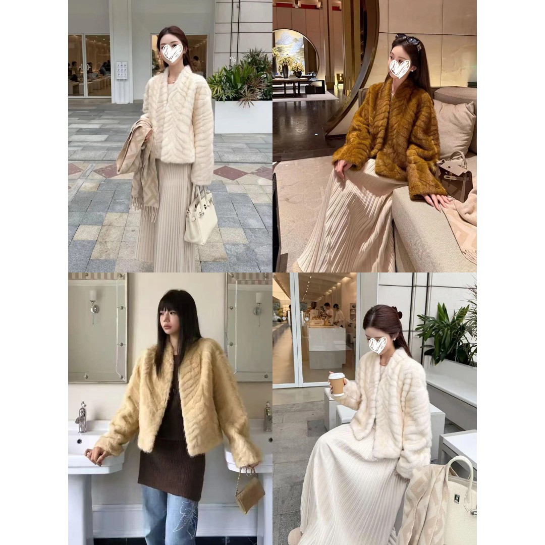 25年冬季新款韩系环保金叶貂气质V领短款轻奢感毛毛外套
