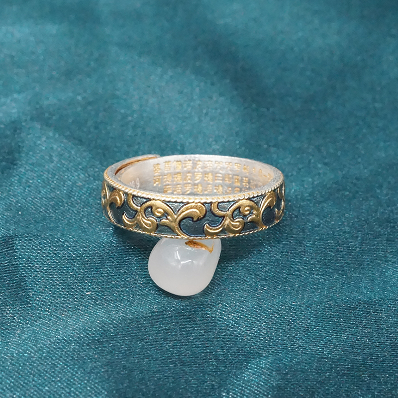 云银雪山 足银珐琅戒指  祥云心经戒 时尚设计款可调节戒指 FJ55