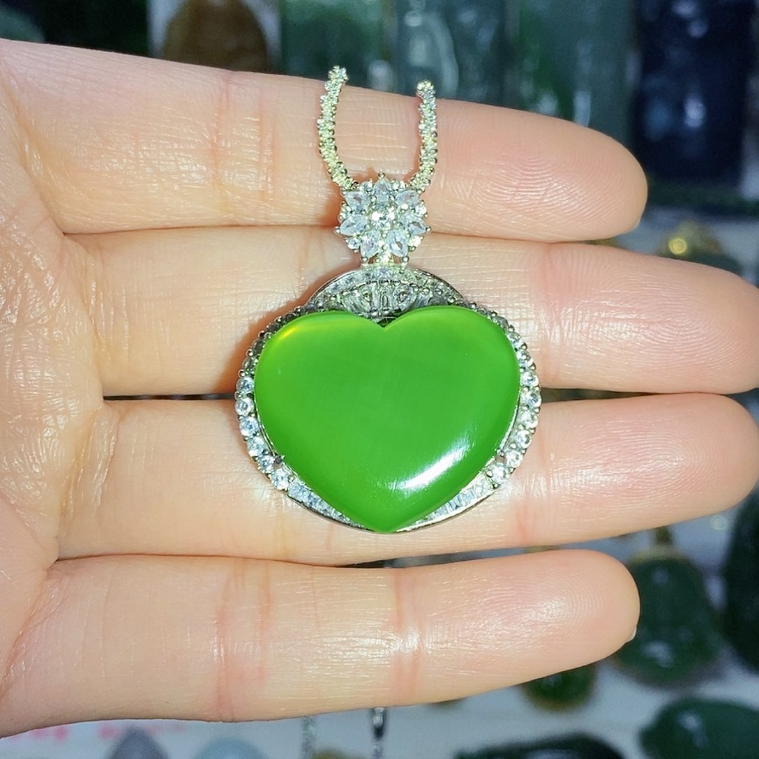 和田玉（碧玉）猫眼颈饰银S925镶嵌