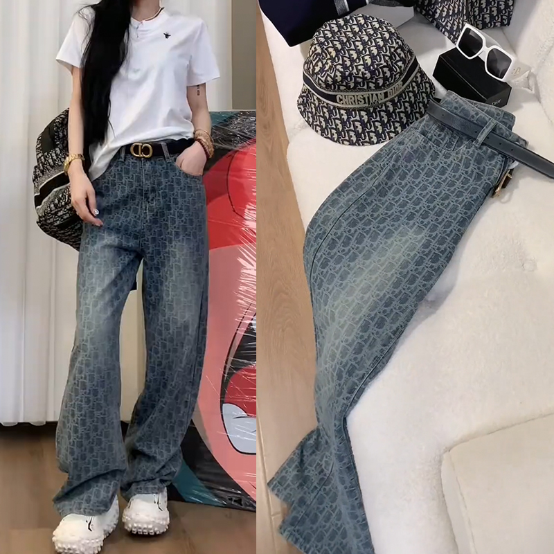 今年流行高级感满印牛仔裤女2025春季新款高腰显瘦直筒裤阔腿长裤