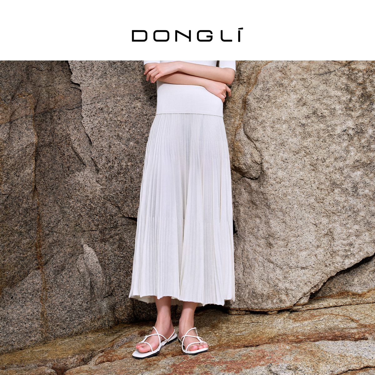 东黎 桑蚕丝山羊绒 温柔的海风-乘风裙 女夏季白色休闲百褶裙5199