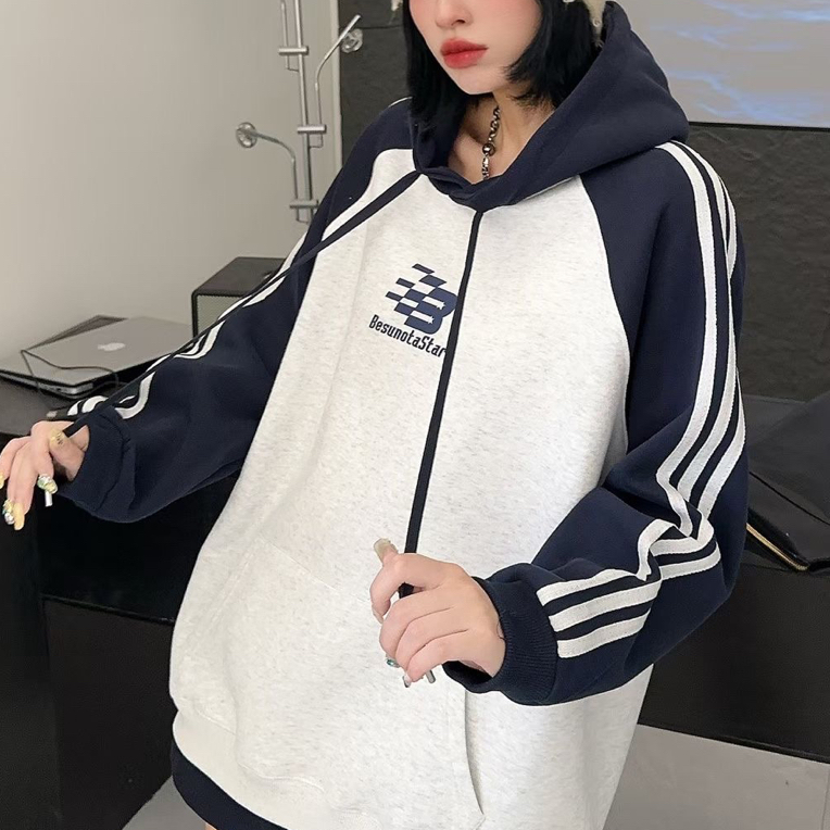 常规款韩版撞色连帽字母休闲卫衣（衣长70左右）