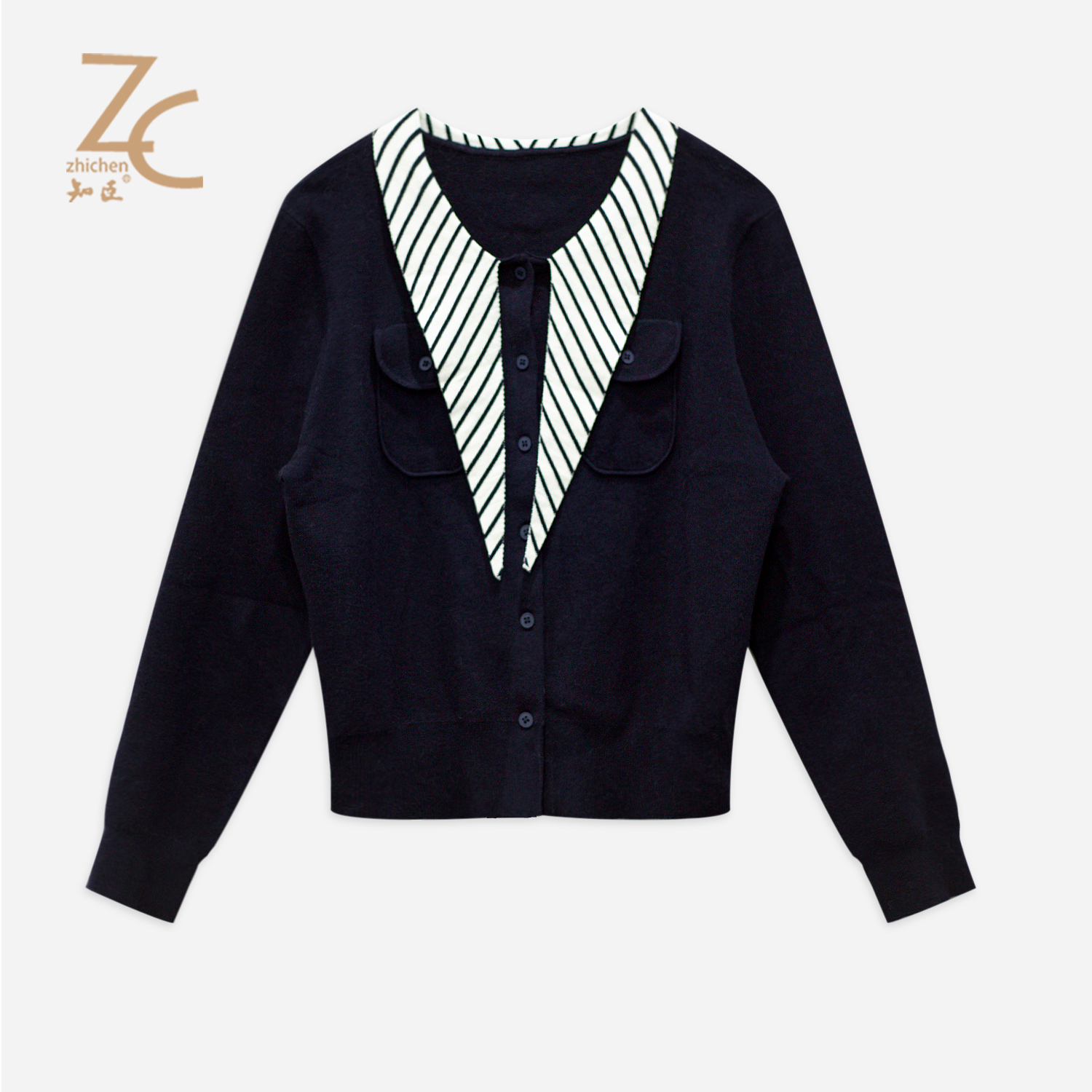 知臣初冬新品 学院风撞色条纹领藏青显白开衫女 T25654001