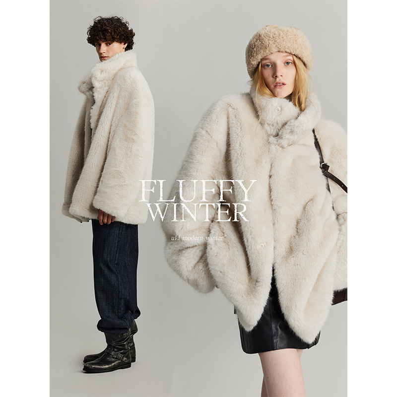 人造皮草 ULD/天鹅绒感仿狐狸毛纯手工晕染立领廓形皮草毛毛外套