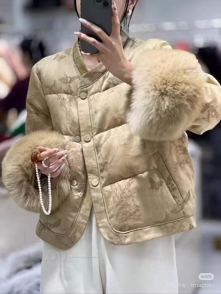 新中式人丝提花狐狸毛可脱卸时尚百搭保暖外套8910