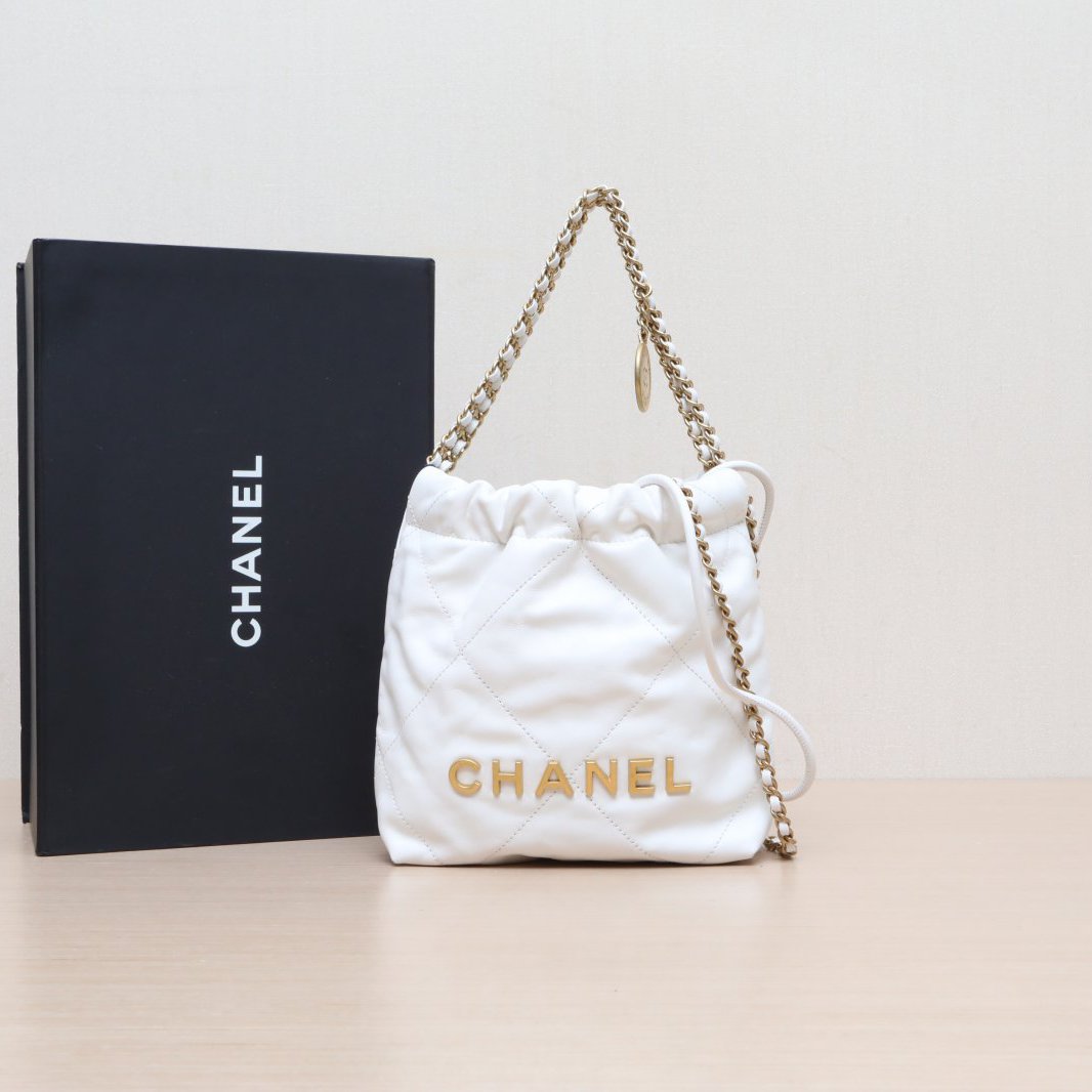 95新 Chanel/香奈儿 小花攀攀22Bag Tote Mini 白色 皮革C 芯片开