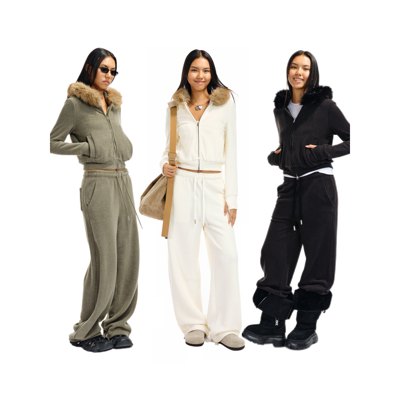 Two little guys*仿真毛领薄绒外套圈圈料短款卫衣+直筒休闲裤