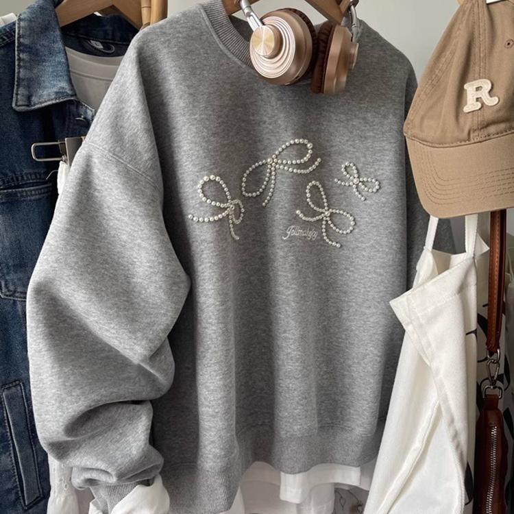 钉珠蝴蝶结灰色加绒卫衣女胖mm2025秋冬新款无帽外套大码韩版