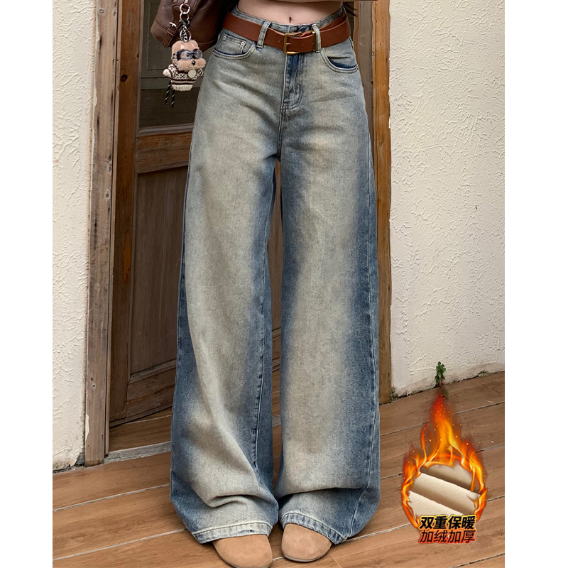 晕染撞色做旧加绒阔腿牛仔裤女2025冬季新款高腰显瘦垂感脏脏长裤