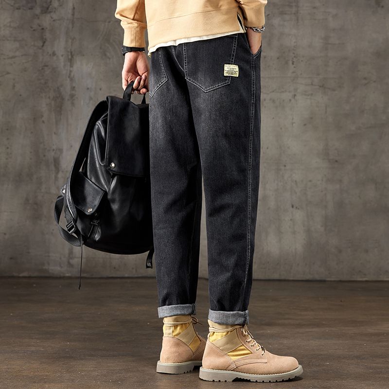 PLAYBOY/花花公子黑色男款牛仔裤子小脚裤直筒宽松裤子男款秋冬款