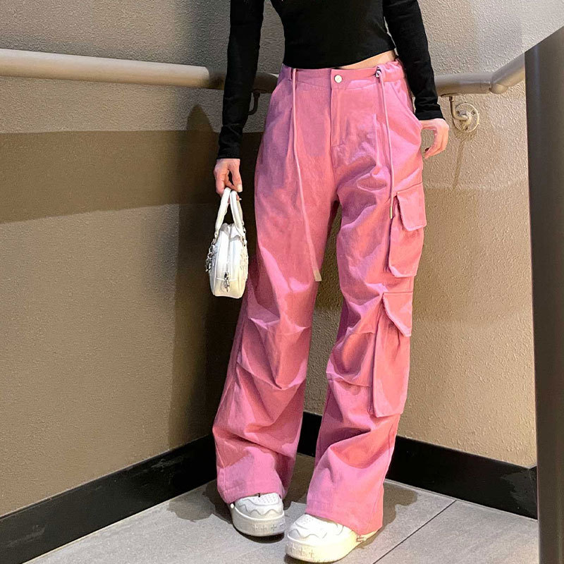 美式粉色工装裤女春秋显瘦直筒裤宽松休闲高腰阔腿裤女款运动裤夏