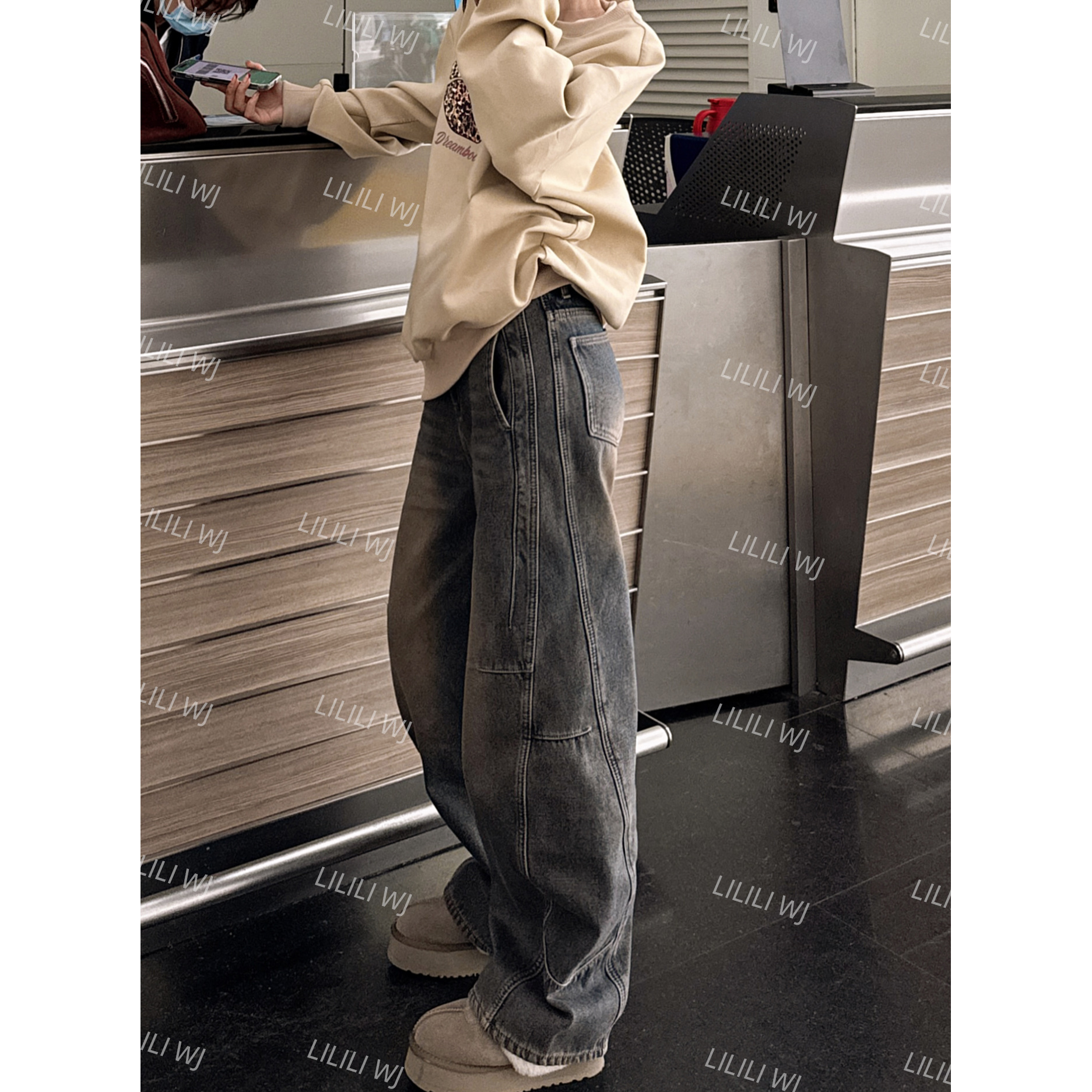 婉君【百搭冰美式】复古美式高街阔腿宽松设计牛仔裤LWJ25A1K011