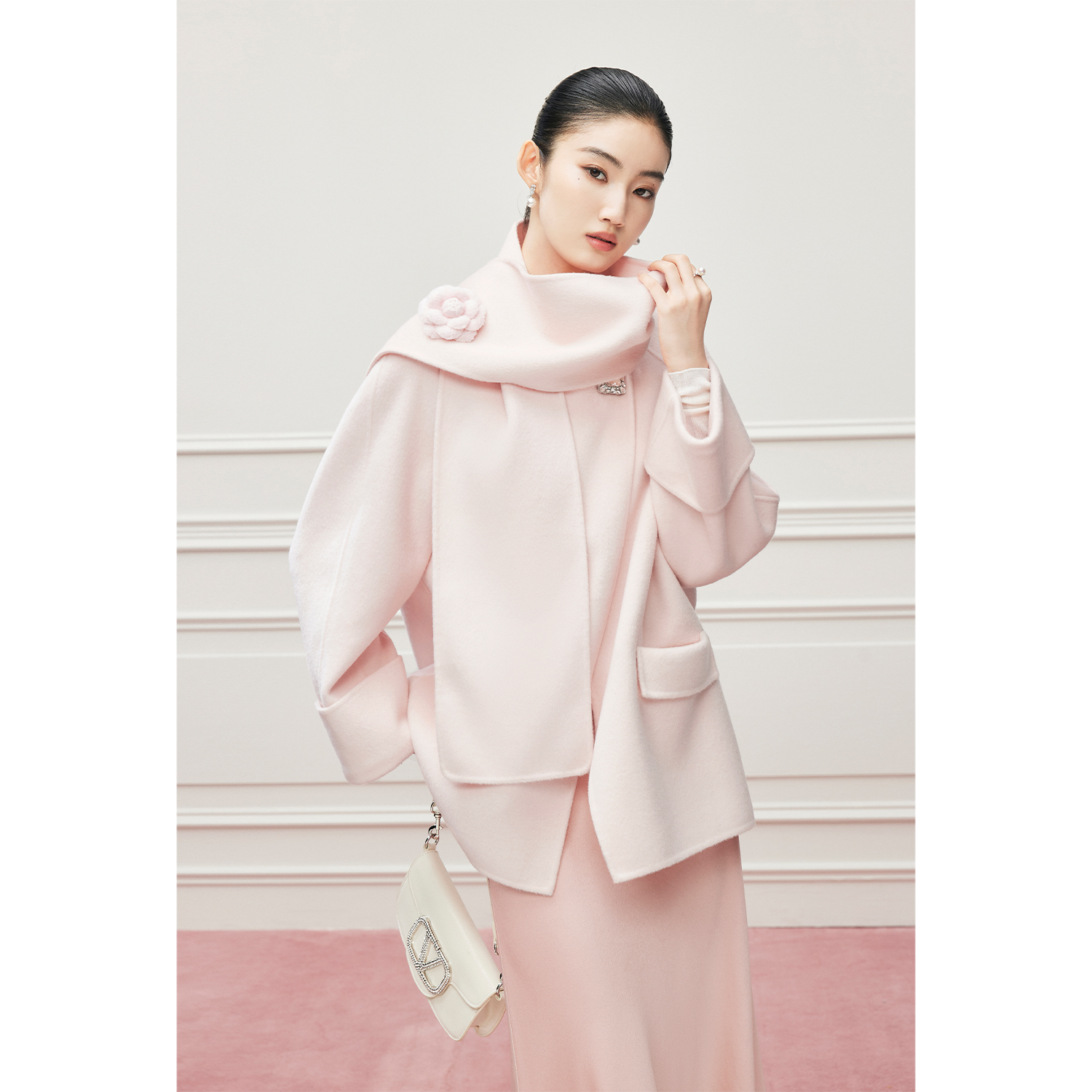 【Mandy千金穿搭】粉色气质高级100羊毛双面呢围巾大衣女冬气质外套
