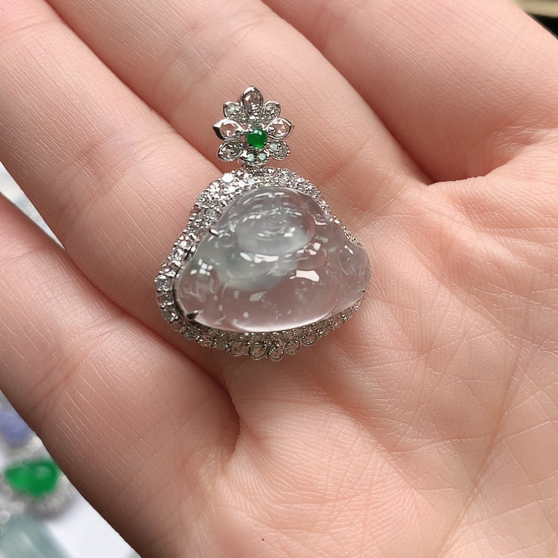 翡翠裸石雪花棉佛公18k 吊坠