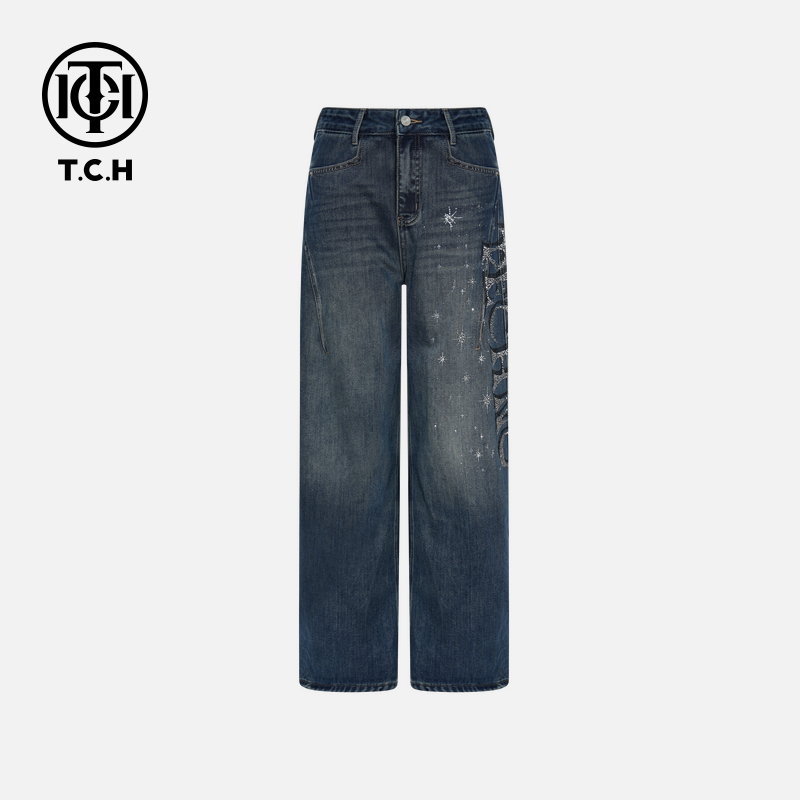 TCH【直筒牛仔】冬款百搭时尚烫钻休闲风女装直筒牛仔裤T75D20E1006