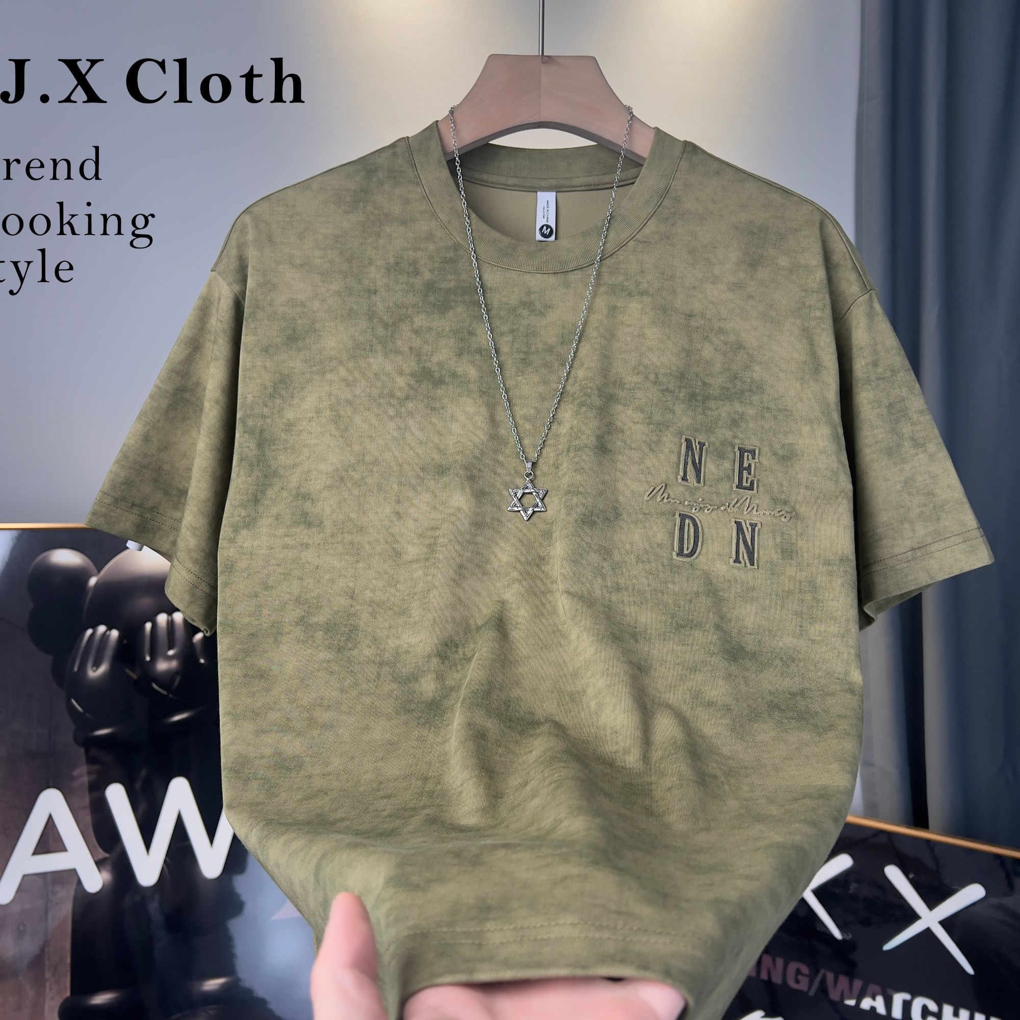 男士夏日重磅冰棉刺绣重工扎染潮款休闲百搭百搭圆领短袖T恤【021】