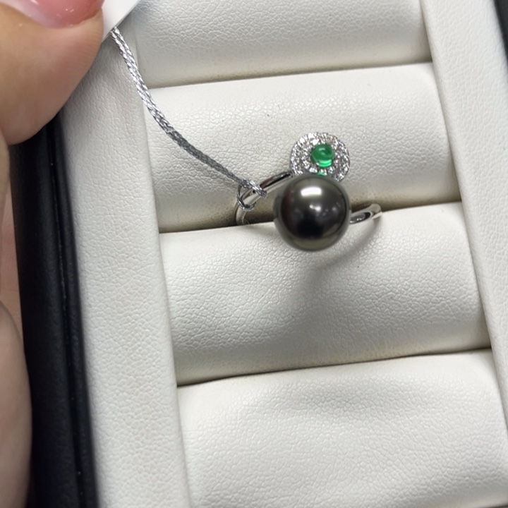 戒圈海水珍珠银S925镶嵌大溪地9-10mm81号