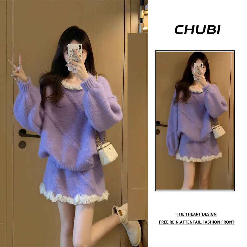 法式紫色针织套装女2025新款秋冬慵懒风穿搭一整套毛衣短裙两件套