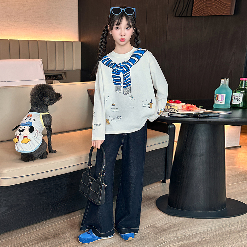 女童秋装长袖牛仔裤套装2025新款儿童洋气韩版宽松休闲两件套时髦