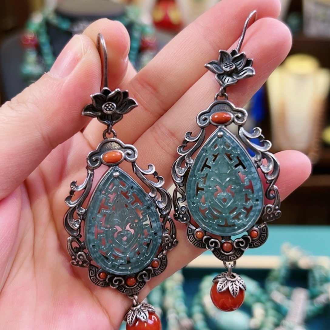 翡翠耳饰银S925镶嵌耳环