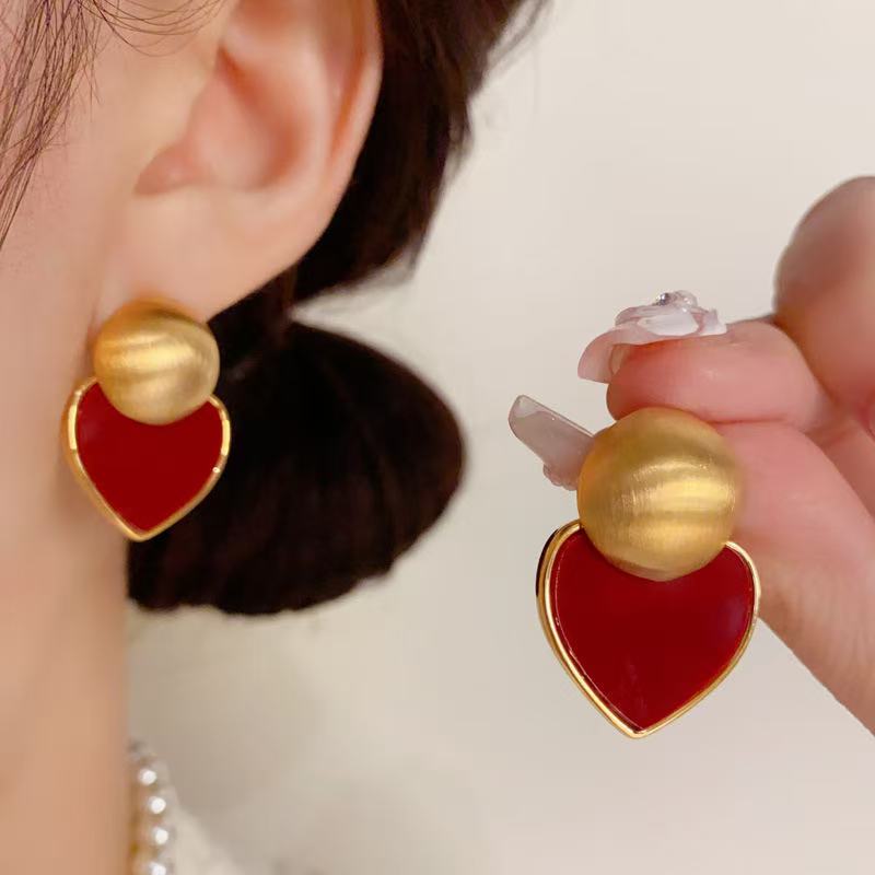 925银耳饰 复古金属拉丝红色板材爱心耳环
