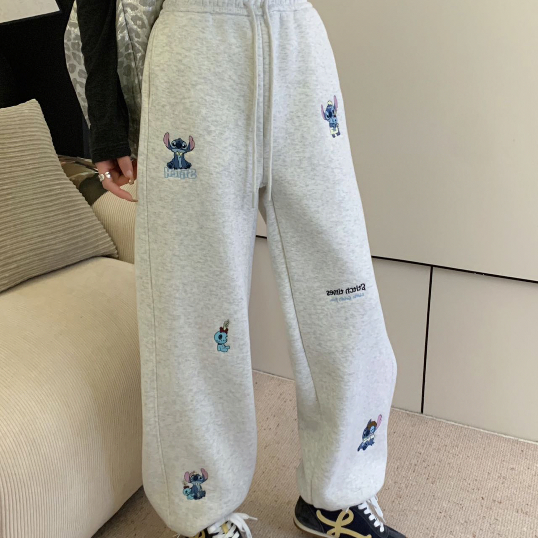 重工刺绣史迪仔加绒加厚韩版宽松百搭休闲裤可调节裤脚女卫裤长裤