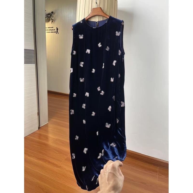 【楠姐】新款中长裙无袖丝绒夏季连衣裙圆领时尚女装253641