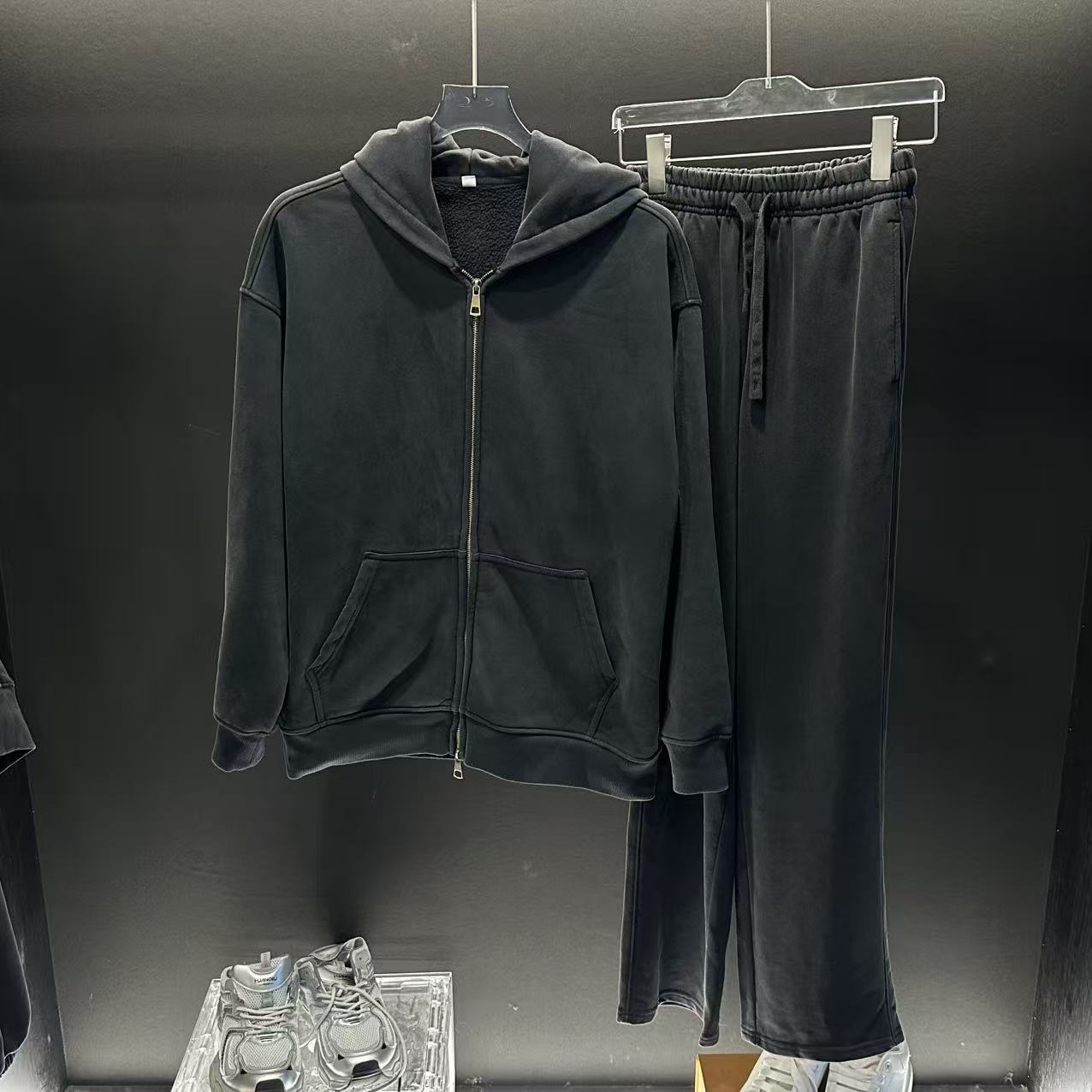 连帽水洗做旧450g长袖秋冬休闲运动套装潮流黑色运动情侣