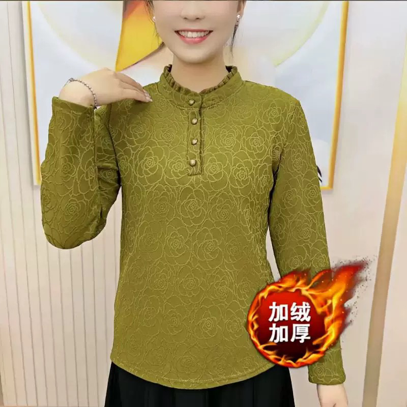 木耳边加绒加厚保暖衣中老年妈妈装百搭