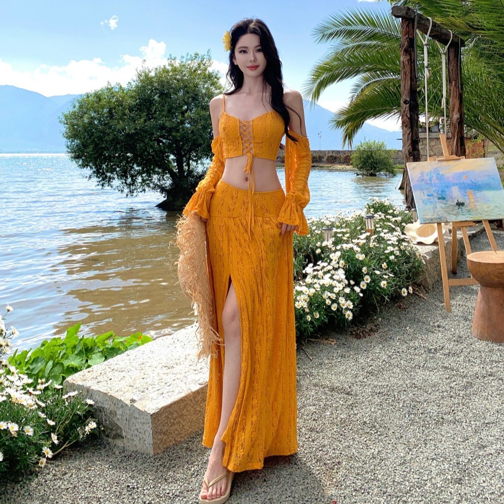 蕾丝背心女春夏季波西米亚度假风两件套沙滩连衣裙长裙飘逸