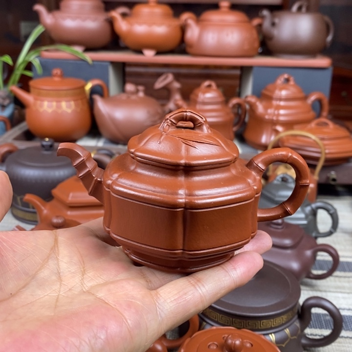 紫砂茶壶六方竹鼓150cc原矿赵庄朱泥特价