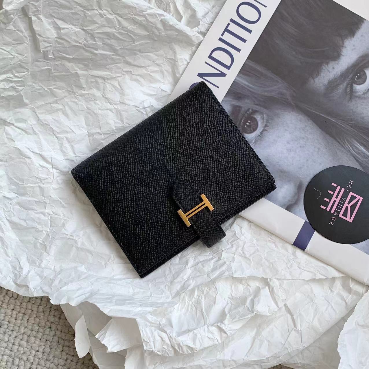 95新 Hermes/爱马仕 黑色金扣 bearn短款钱包 D刻 13920168